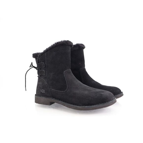 UGG Naiyah Black Fur Leather Lace-up Bow Ankle Boots Booties Size US 11 Women - Picture 1 of 13